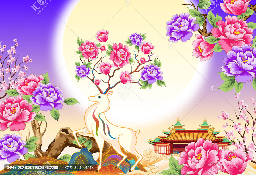 夢幻牡丹仙鹿矢量插畫