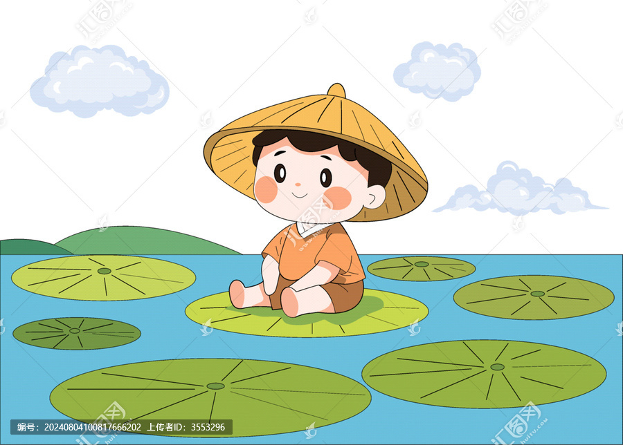 國潮荷葉上的小男孩