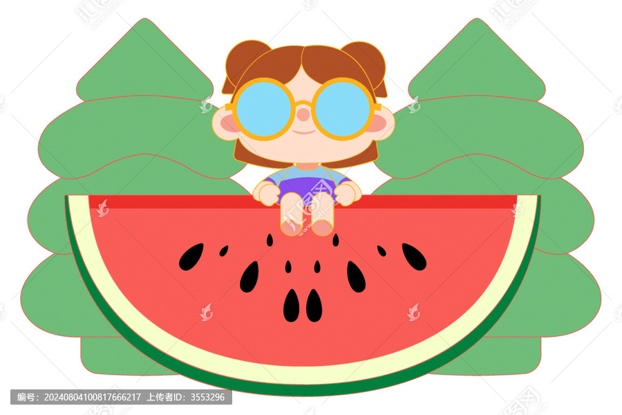 立夏節(jié)氣夏天坐西瓜上的小女孩