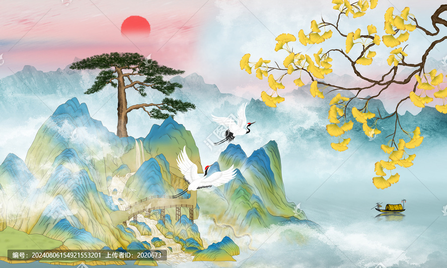 國潮迎客松山水畫