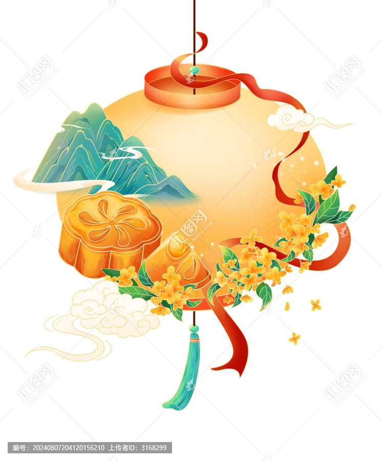 中式中秋節(jié)兔子燈籠月餅組合插畫(huà)