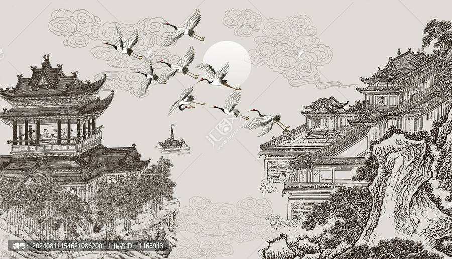 山水閣樓背景壁畫