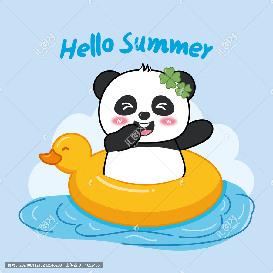 卡通熊貓鴨子游泳圈矢量插畫