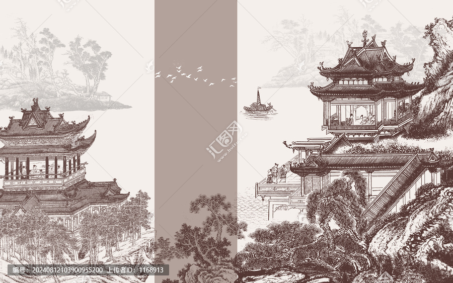 中式山水樓閣背景墻