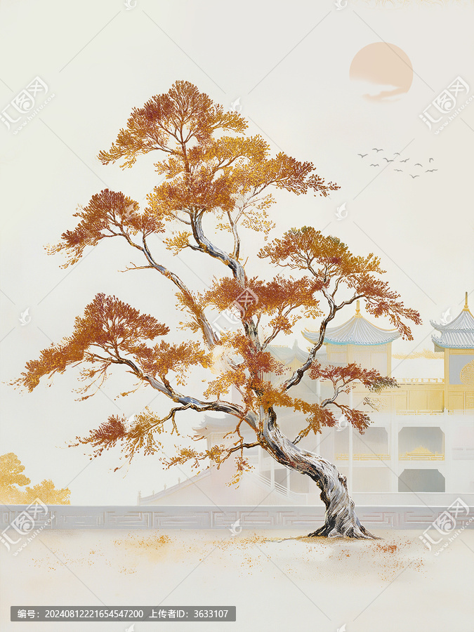 新中式輕奢裝飾畫金色的樹