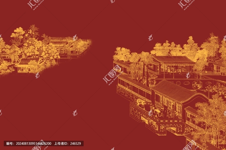 新中式線描山水閣樓背景墻