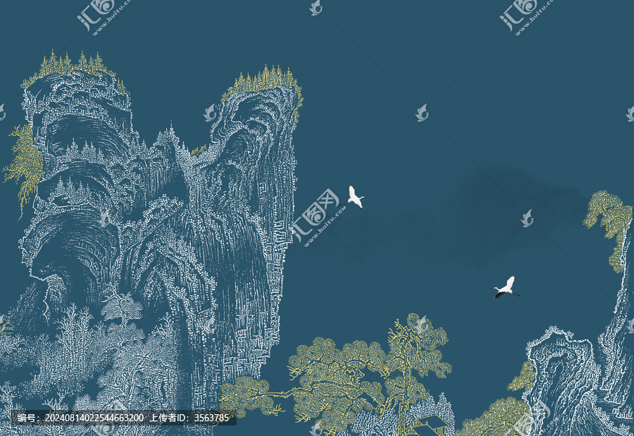 工筆線描描金山水中式壁畫
