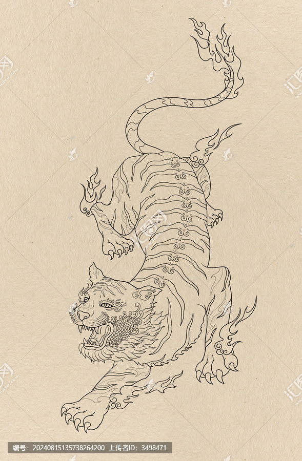 白虎國(guó)風(fēng)四大神獸插畫線描