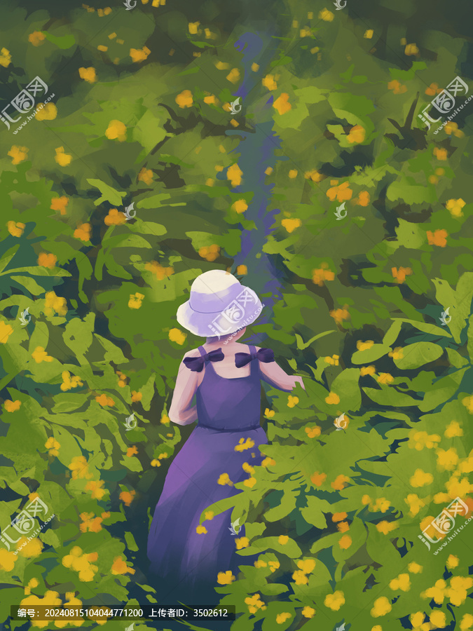 花叢中穿裙子的女孩插畫