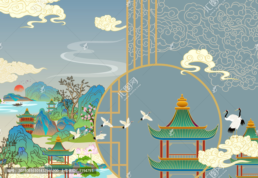 亭臺(tái)樓閣復(fù)古建筑背景墻