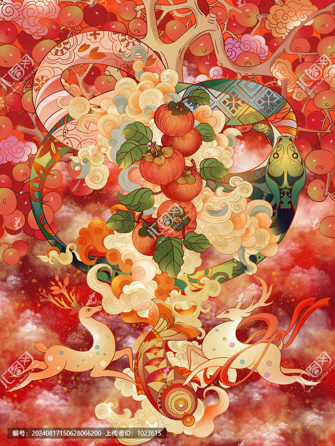 蛇年雙鹿祝福新年插畫