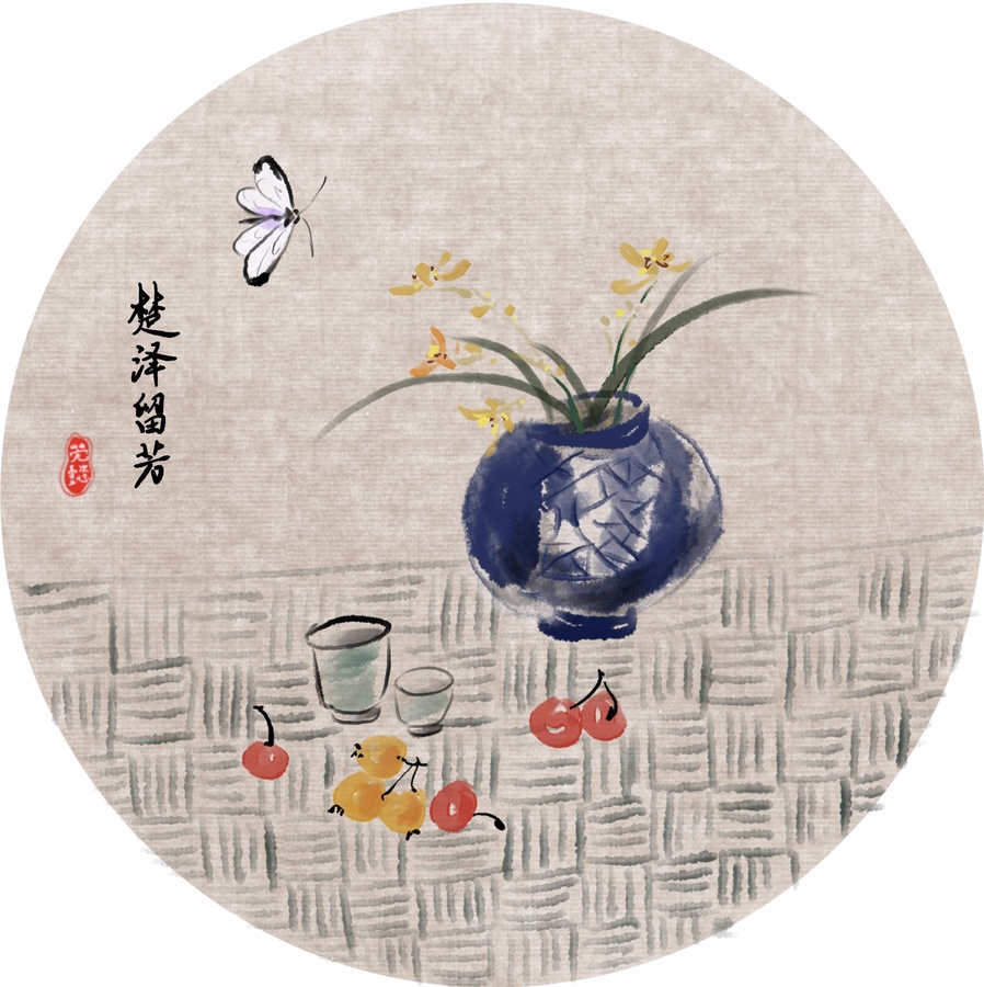 手繪蘭花花瓶靜物