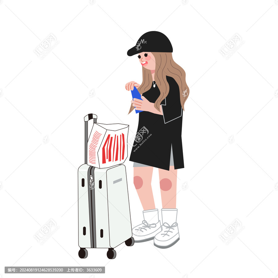 帶著行李箱等車的女生