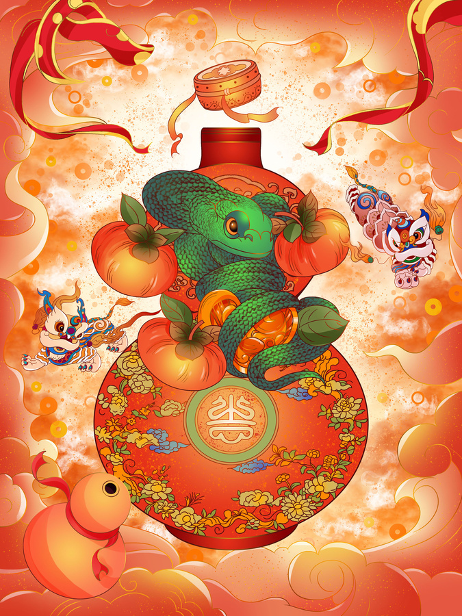 蛇年葫蘆福祿祝福春節(jié)插畫