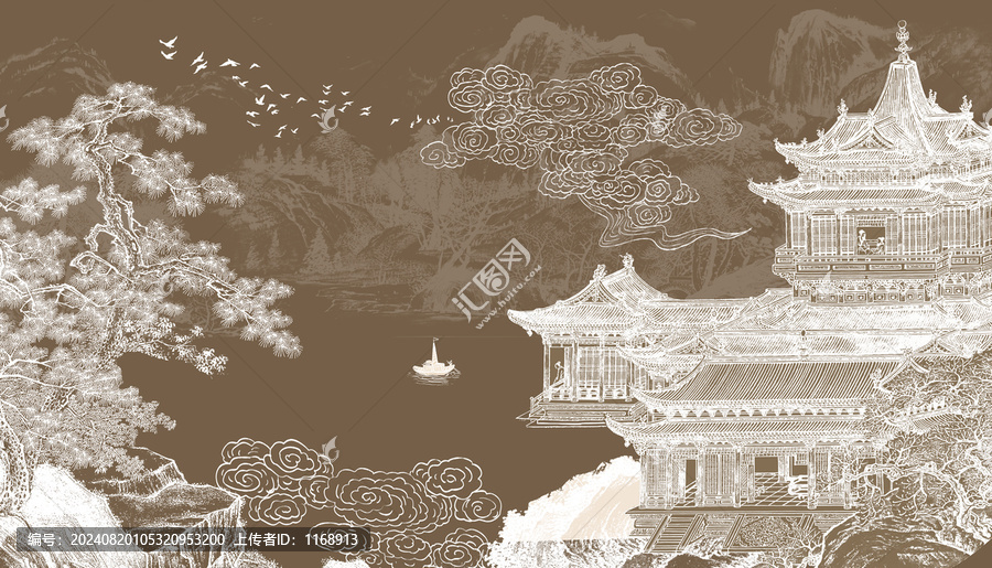 古風(fēng)山水樓閣建筑背景墻