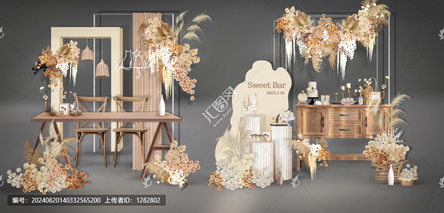 香檳咖色婚禮簽到甜品區(qū)咖色花藝