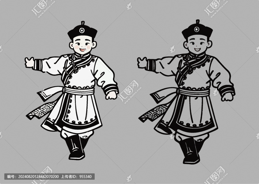 蒙古族舞蹈男線稿手繪矢量