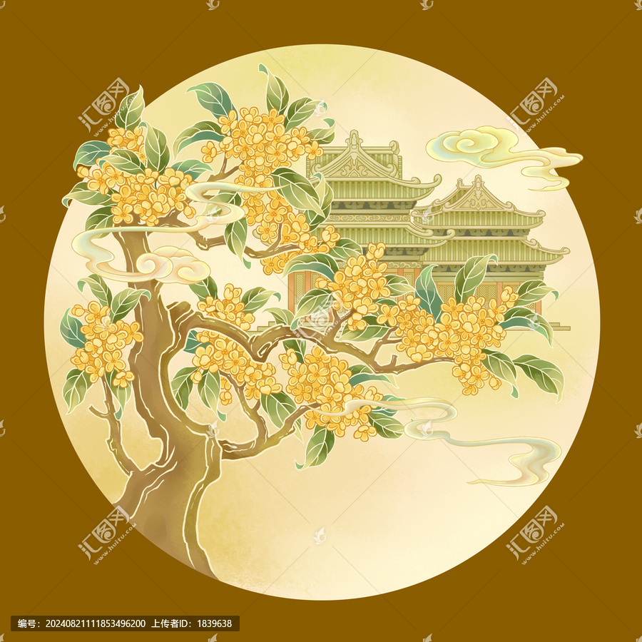桂花樹古建筑插畫