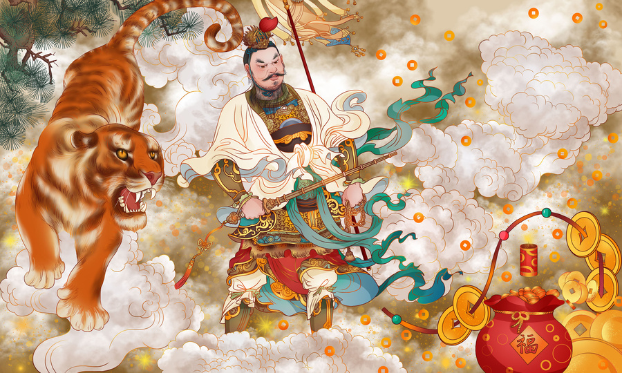 蛇年財(cái)神門神春節(jié)傳統(tǒng)祝福插畫