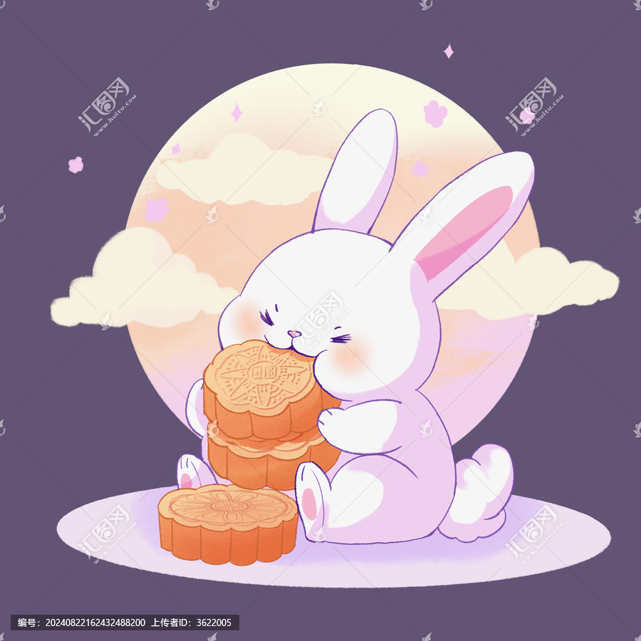 中秋兔子吃月餅插畫