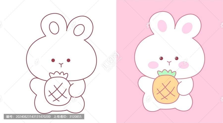 可愛卡通兔兔抱菠蘿矢量插畫