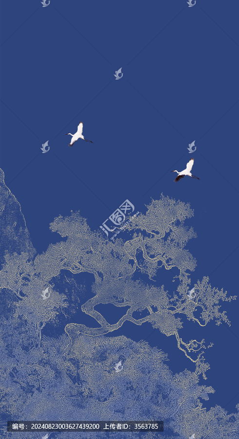 工筆框畫線描山水描金山水瑞鶴圖