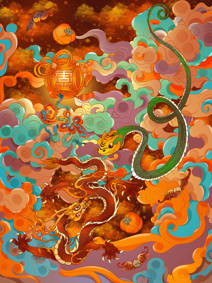 蛇年春節(jié)生肖龍蛇交替插畫