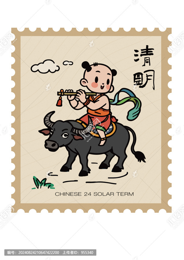 文創(chuàng)卡通牧童騎牛吹笛矢量插畫