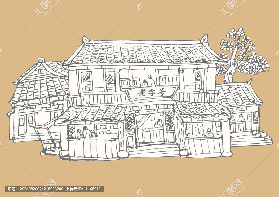 古代店鋪街景集市線描
