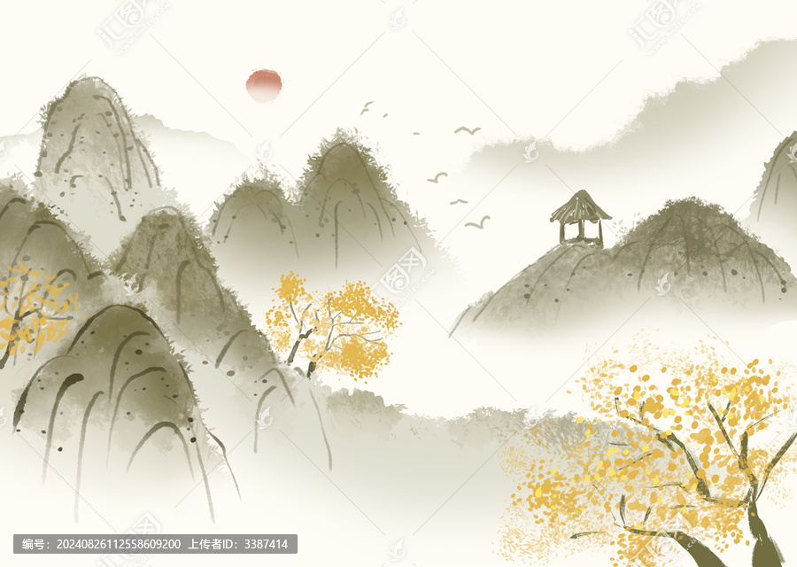 水墨煙霧山谷