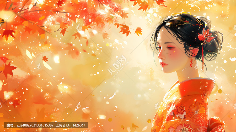 身穿和服的亞洲女子站在一片紅楓葉林中。