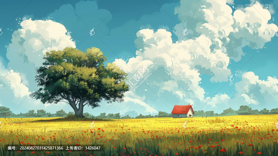 夏日田野紅頂小屋