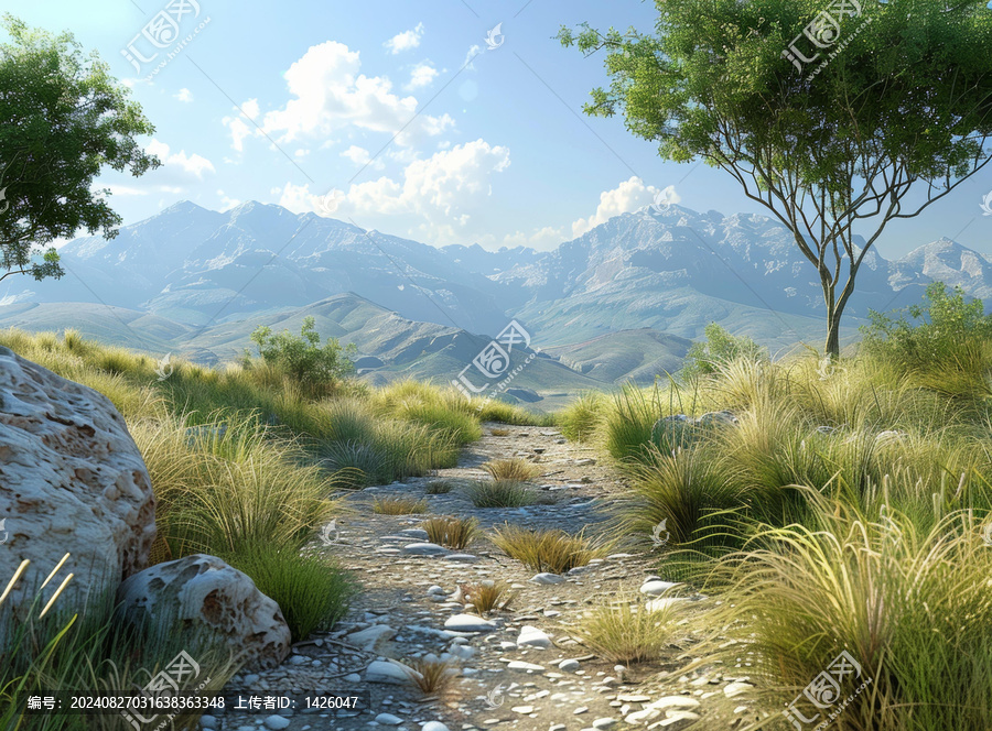 巖石穿過草地遠(yuǎn)處是山脈