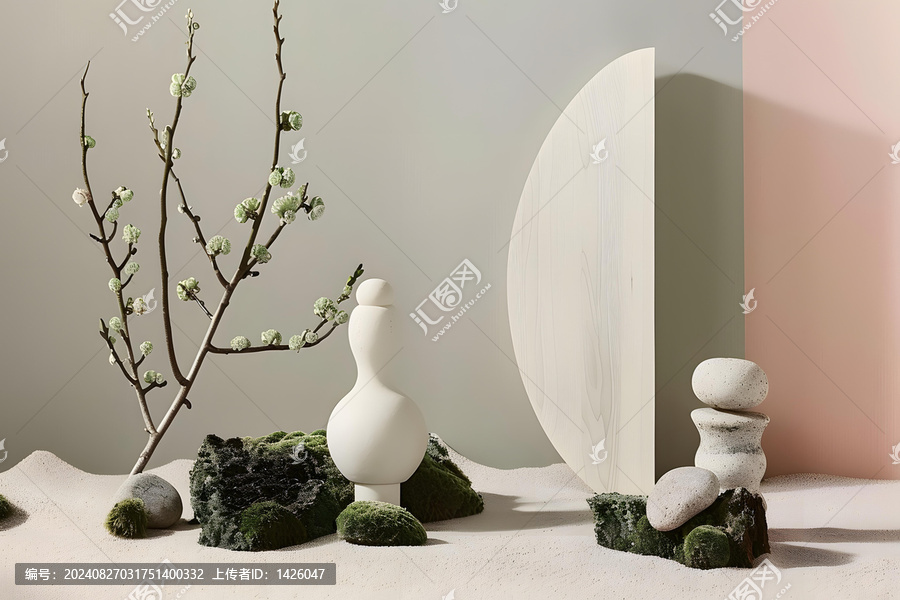 簡約白色陶瓷雕塑與枝條石頭沙地背景