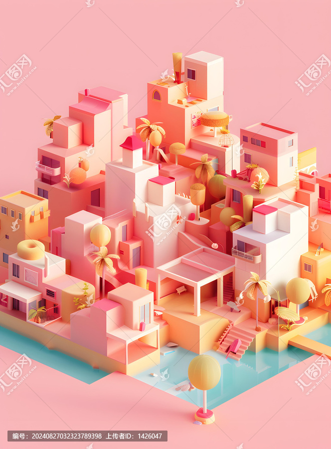 粉色和黃色城市景觀的極簡主義,3D