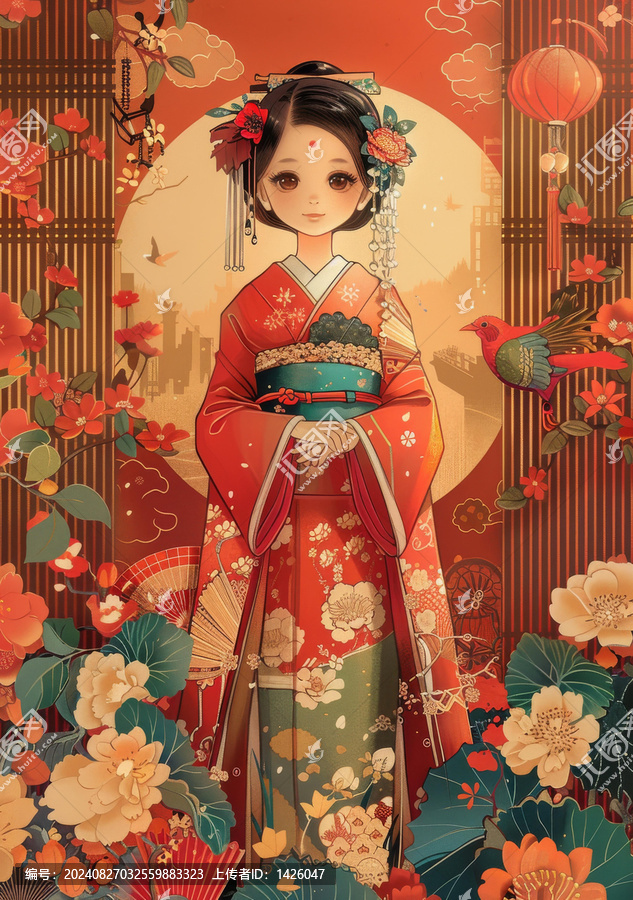身穿紅色和服的美麗中國女子站在花園里