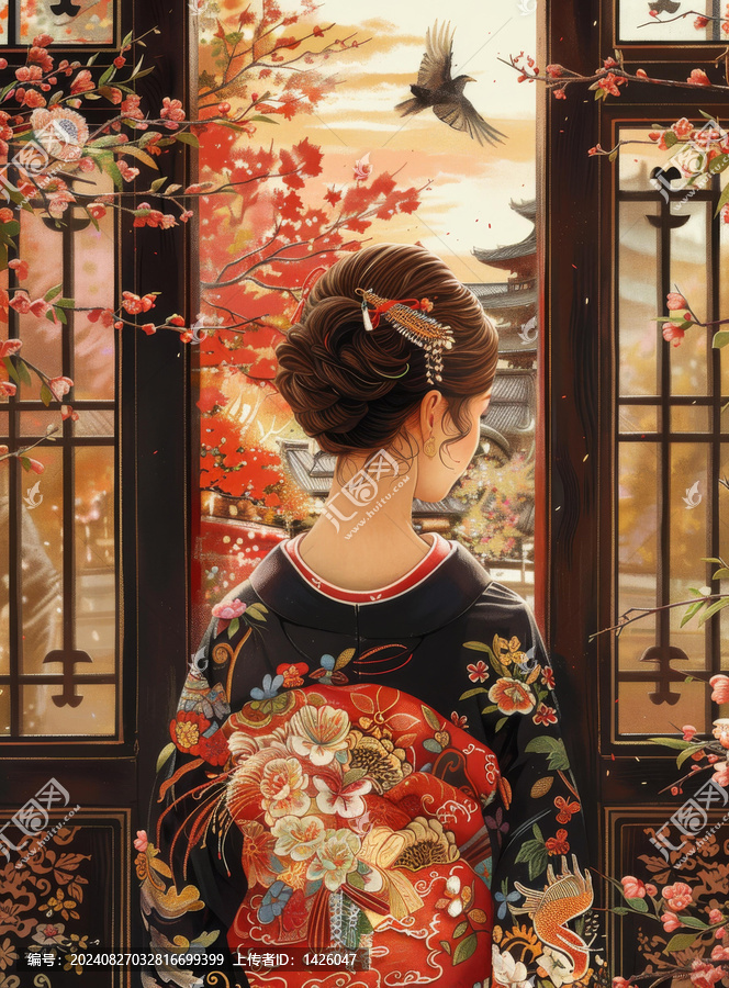 一個(gè)身穿和服的女子站在門(mén)口，看著一只飛過(guò)的鳥(niǎo)