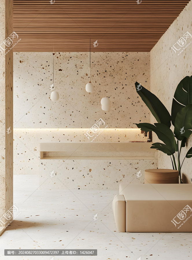 極簡主義風格的室內設計，帶有水磨石墻面和木質天花板