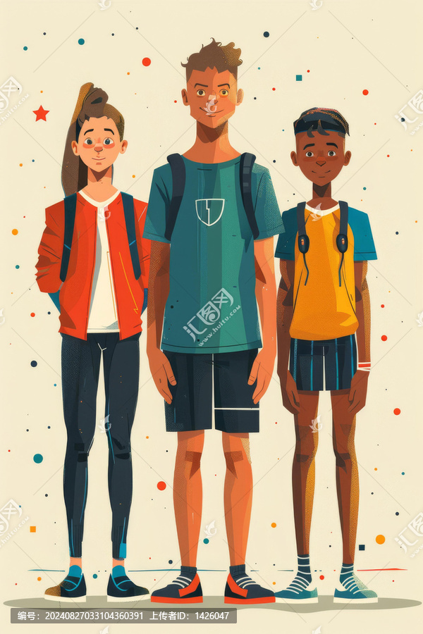三個不同種族穿著運(yùn)動服和背包的青少年