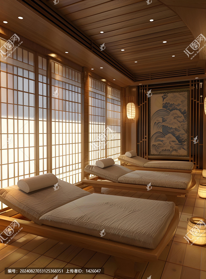日式風(fēng)格水療室室內(nèi)設(shè)計(jì)，木地板和躺椅