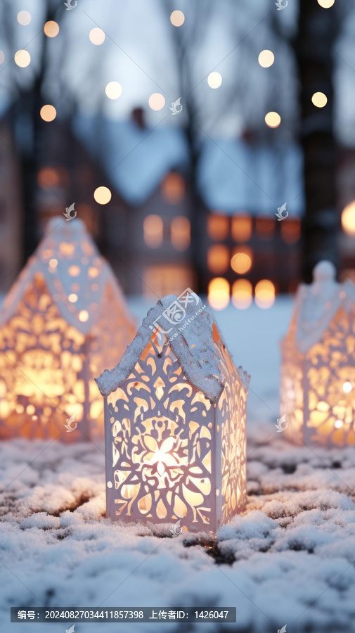 雪地里散發(fā)著溫暖光芒的三盞紙燈籠