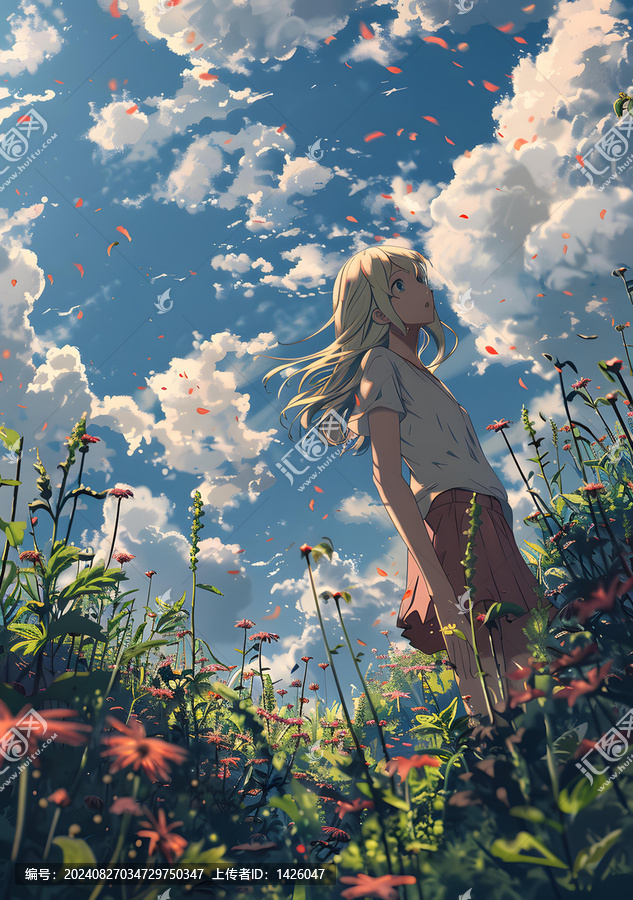 動(dòng)漫少女站在花田里仰望天空