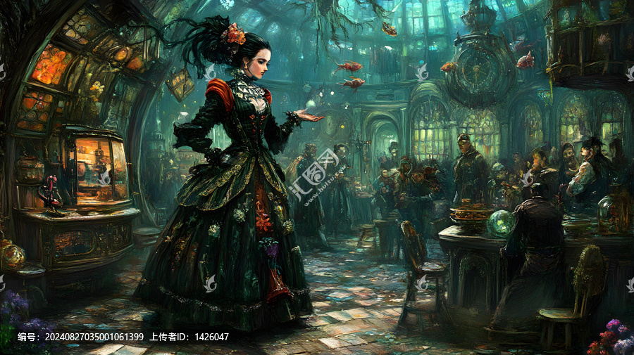 奇幻維多利亞時代室內(nèi)場景，女人和魚