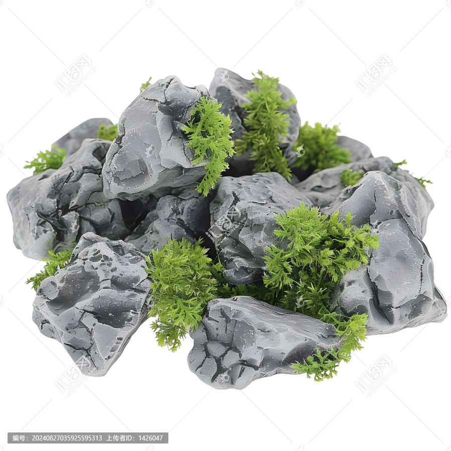 [免摳素材]白色背景上的灰色巖石和綠色苔蘚