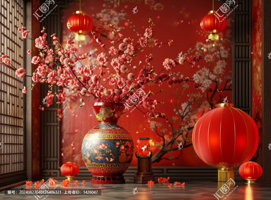 一幅靜物畫,,描繪了一瓶花和一盞燈籠