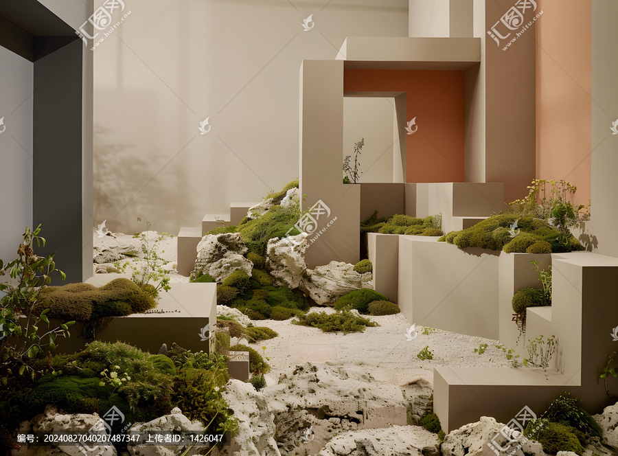 簡約室內(nèi)設(shè)計，綠色植物和石頭