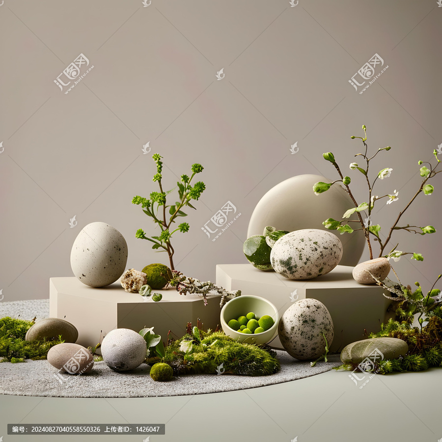 淺色背景上的綠色苔蘚和卵石
