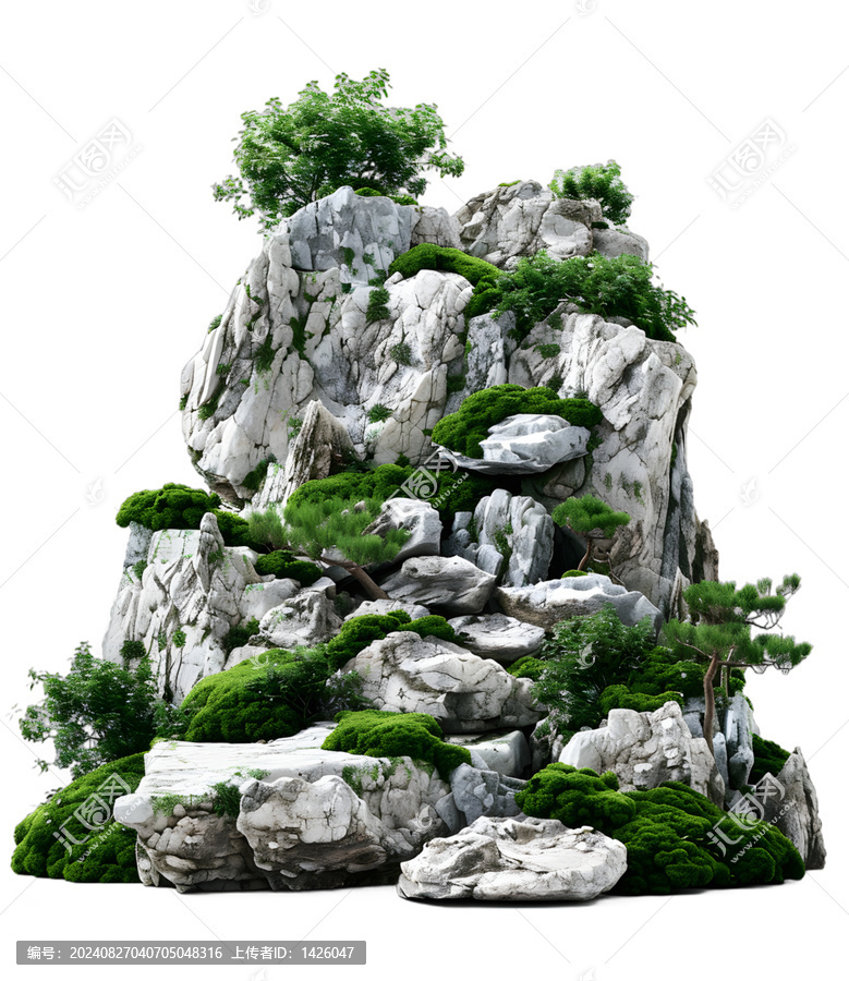 [免摳素材]3D渲染帶綠植的石山