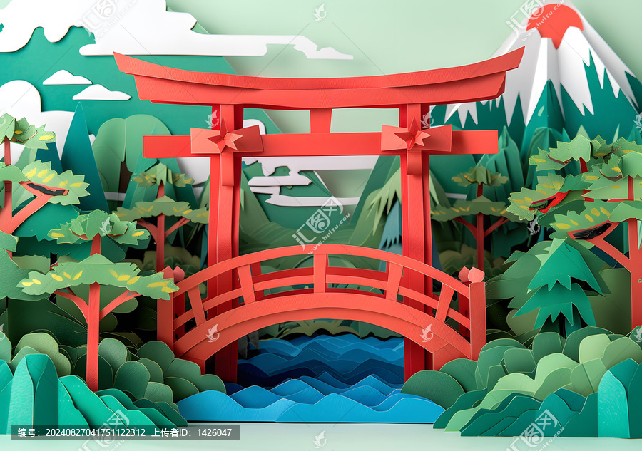 一座紙藝剪裁的日本風(fēng)光，描繪了一座橋和一座鳥居