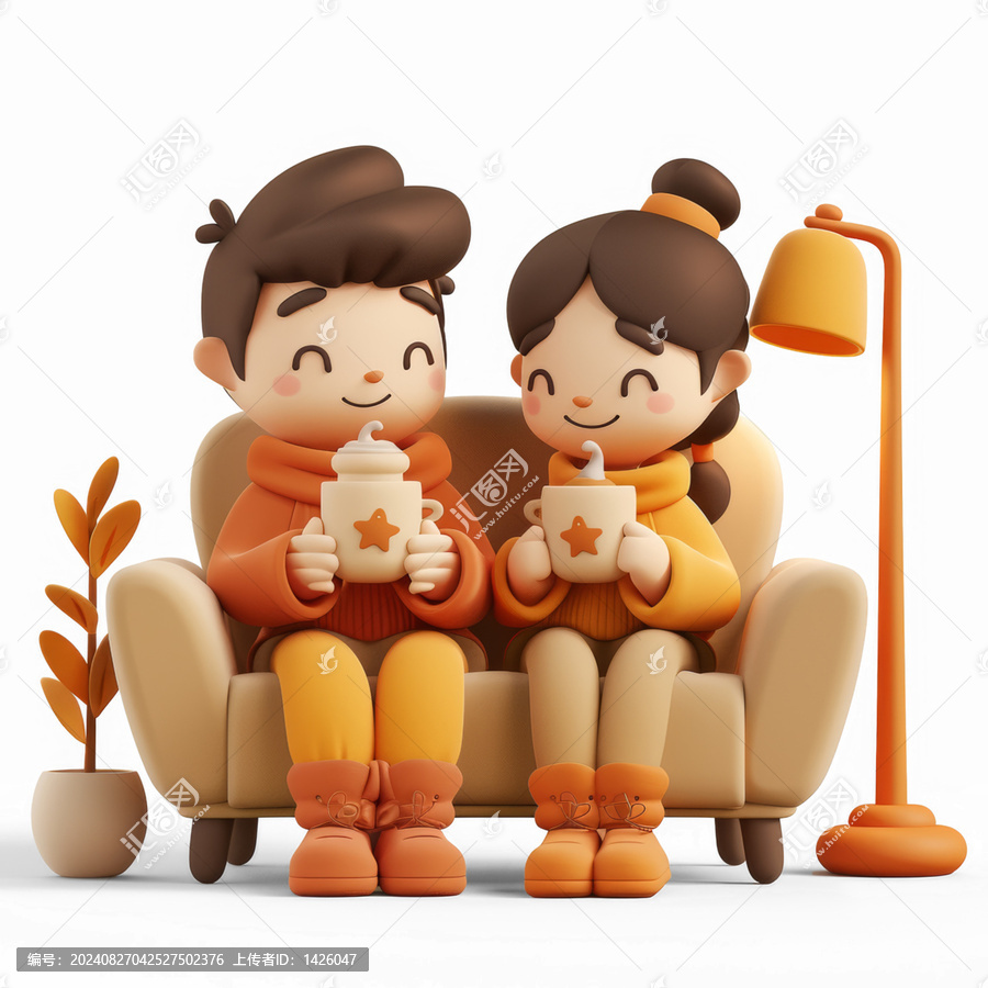 一對情侶坐在沙發(fā)上喝咖啡